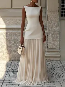 Women's Sleeveless Pleated Maxi Dress - Polyester-Spandex Blend, Elegant Round Neck, Basic Chic Minimalist Casual Wear, Women's Clothes