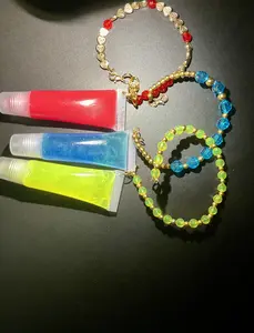 Lip Gloss Bangle Bracelet with Gold Chain Beads - Colorful Beads & Lip Gloss Tube - Fashionable Jewelry Accessory