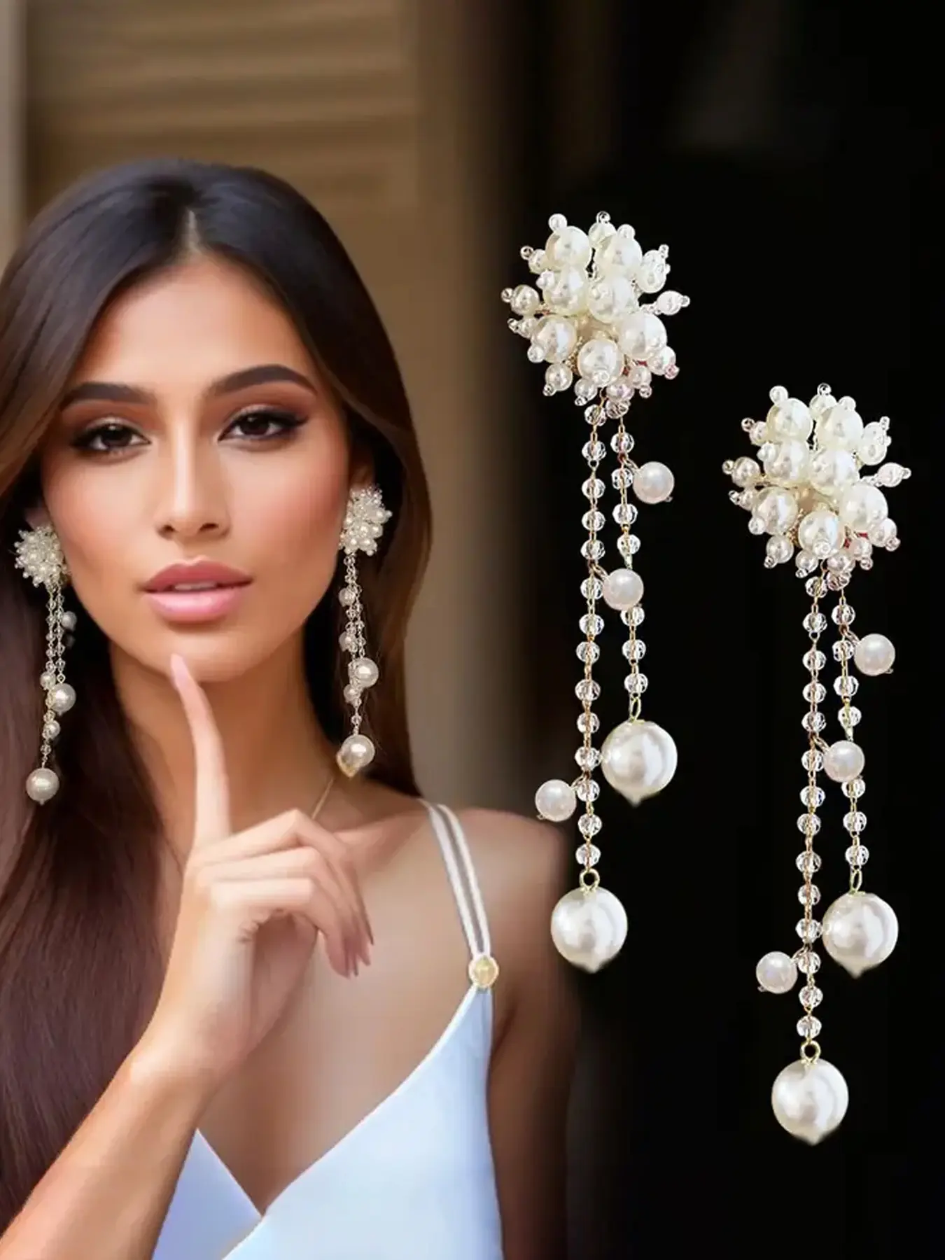 Mother's Day Gift Vintage-Inspired Faux Pearl Tassel Earrings, Statement Earrings, Unique Design Earrings, Elegant Floral Stud Earrings for Women, Stylish Jewelry, Perfect for Weddings & Everyday Glam
