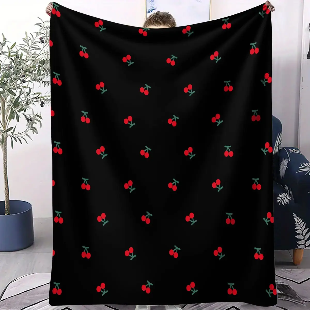 Black Cherry Print 100% Polyester Flannel Throw Blanket - Soft, Lightweight, Cozy, Breathable, Travel-Ready, Suitable for Sofas, Camping, Ideal Gift Option, Lightweight Cozy Blanket, Soft Blankets, Cherry Blankets