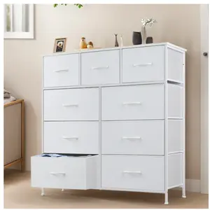 Fabric Storage Dresser with 9 Drawers, Steel Frame and Wooden Top for Bedroom, Closet and Entryway , White