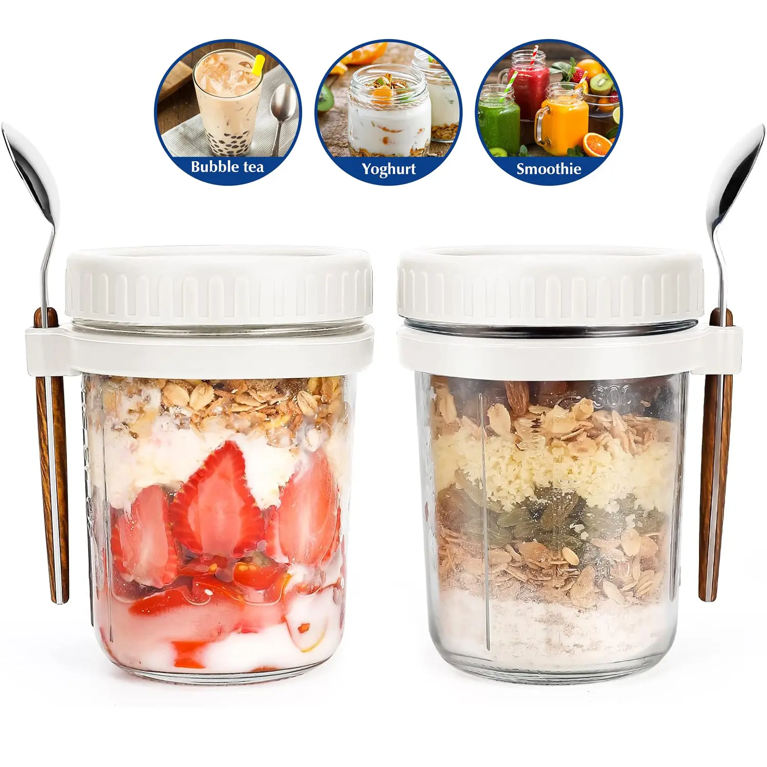 2 Pack Overnight Oats Containers 350ML/12oz with Spoon and Lid, Sealed Oatmeal Container with Measurement Markers, Glass Meal Prep Lidded Storage Container, Reusable Airtight Food Storage, Overnight Oatmeal Jar