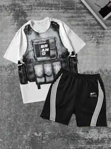 Men's Regular Fit Police Print Tee & Track Shorts Two-Piece Set, Casual Short Sleeve T-shirt & Shorts, Men's Summer Clothes