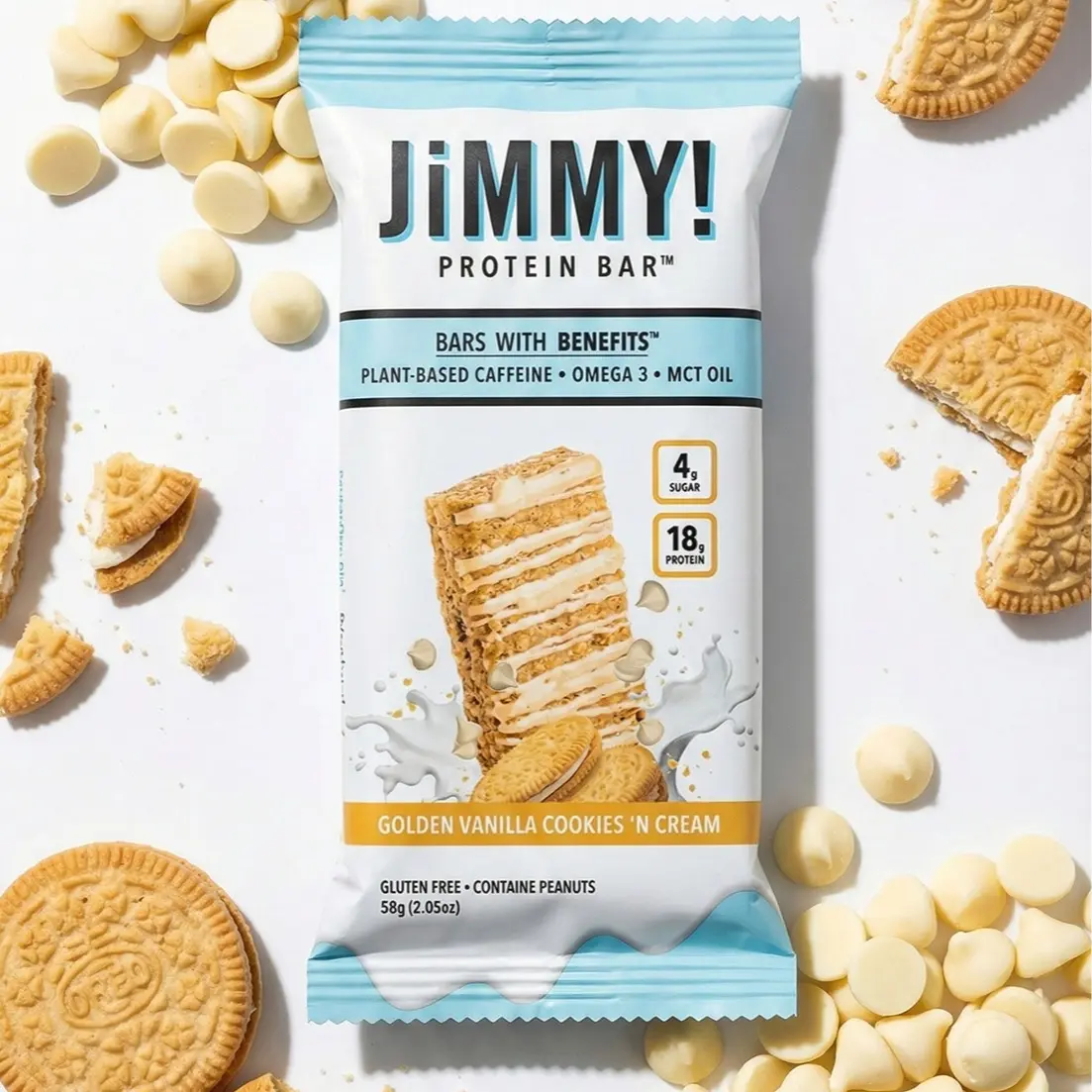 JiMMYBAR! Golden Vanilla Cookies 'n Cream High Protein Bar - 18g Protein, 4g Sugar, Plant-Based Caffeine, Gluten-Free, Real Food Mix with Guarana & MCT Oil, Functional Nutrition Box, Homemade golden Oreo taste, High Protein Bar, Protein Packed Snack