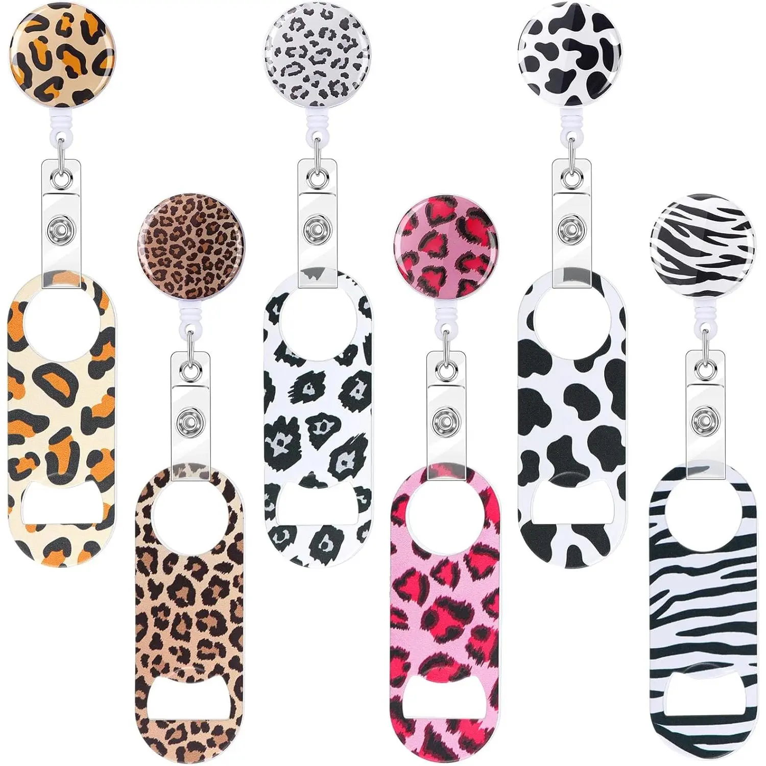 Leopard Print 6-Pack Unisex Compact Stainless Steel Flat Bottle Openers - Retractable Bar Keys with Belt Clip, Round Badge Reel - Home & Party Supply Bartender Gifts, 6 Pcs