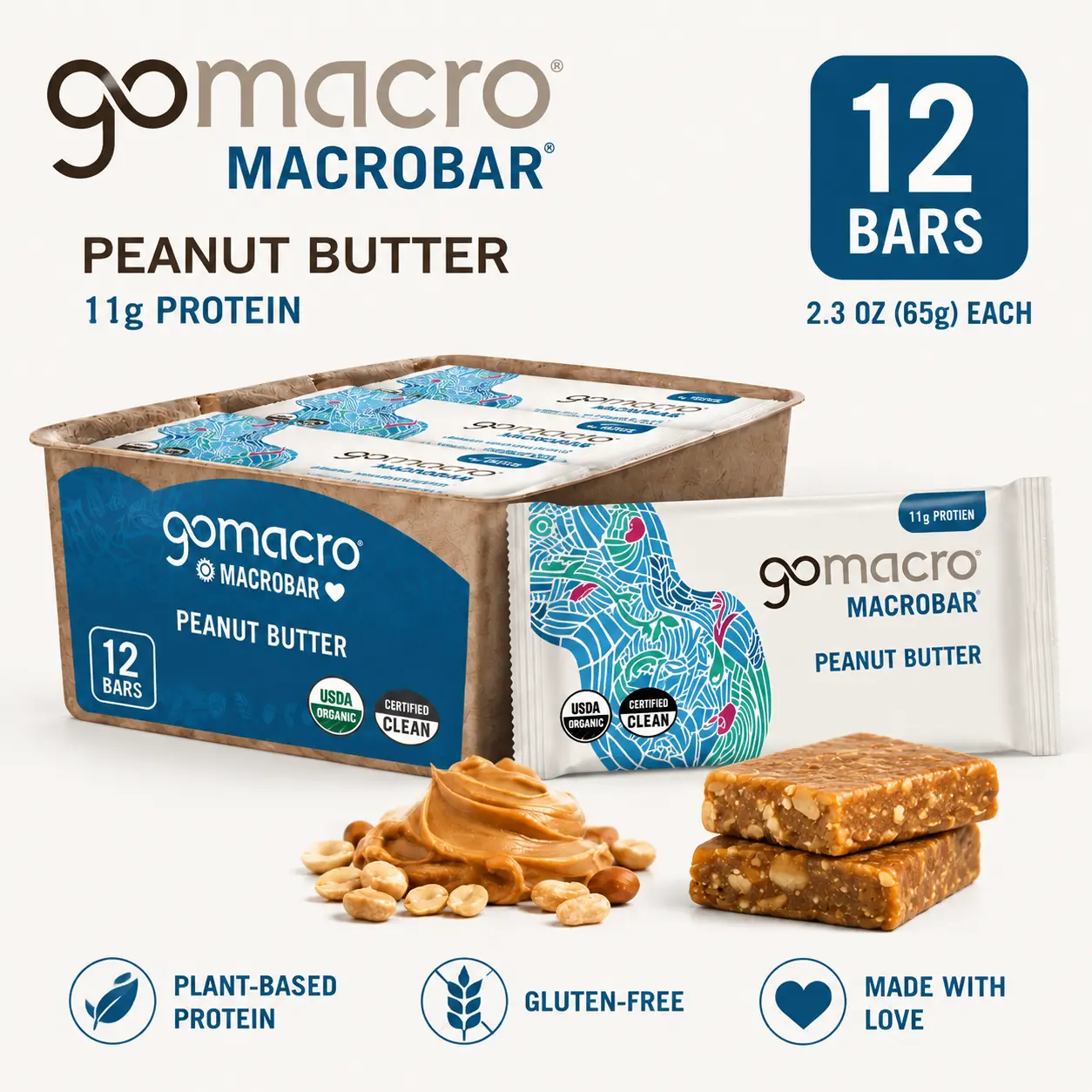 GoMacro Protein Replacement Bar Peanut Butter 2.3 oz 12 Count  Organic Plant-Based Protein Bars | Vegan Gluten Free Snack Bars