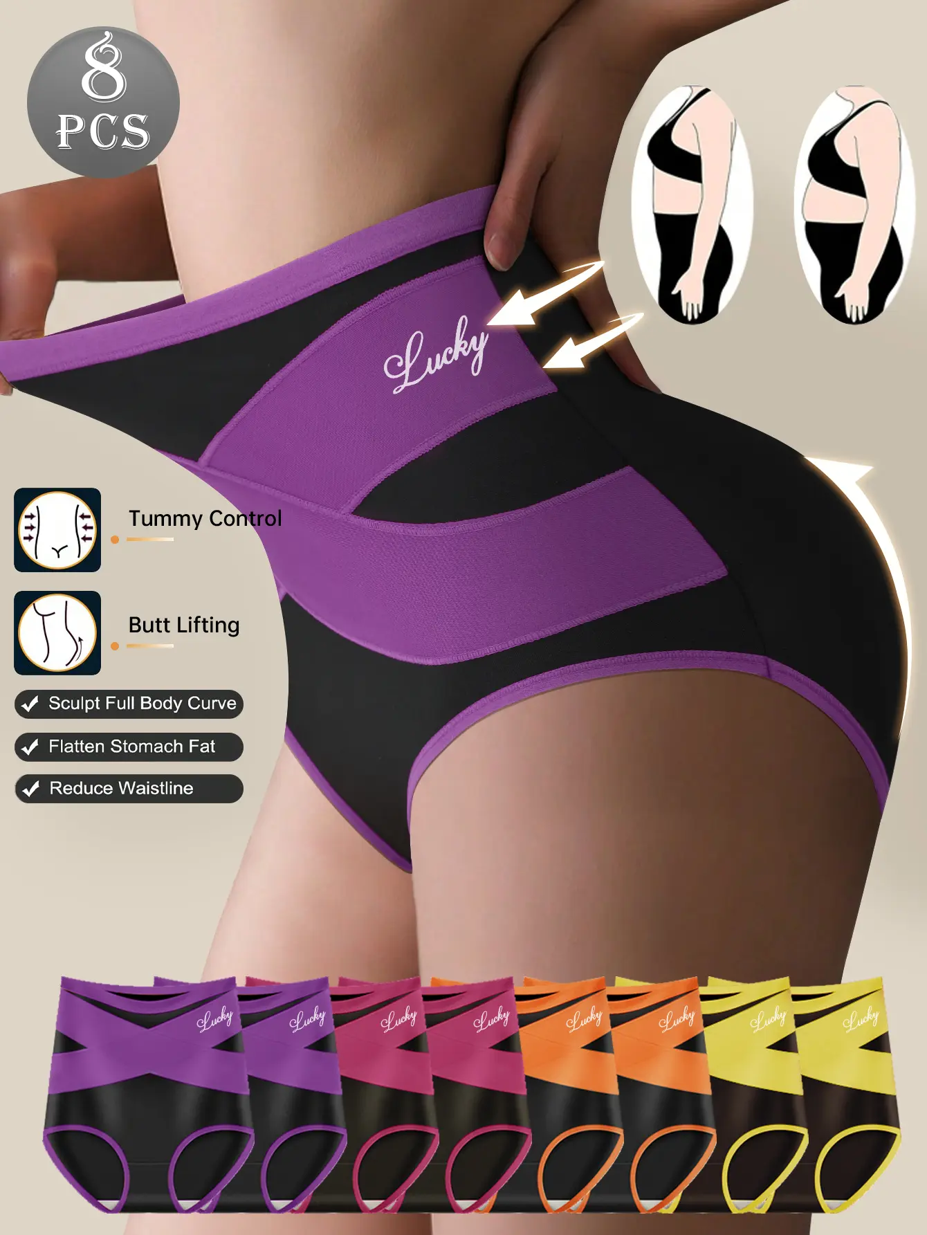 QUASTI Women's 8PCS High-Waisted Crossover Wrap Briefs, Flat, Smooth Highly Elastic Tummy Control Slimming Panties, Breathable Comfortable Shaping Underwear for Day Wear, S-XXL