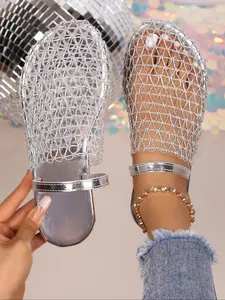 Women's Summer Fishnet Weave Hollow Out Roman Sandals, Flat Round Toe Half Slipper, Large Size Casual Outdoor Shoes, Casual Beach Sandals