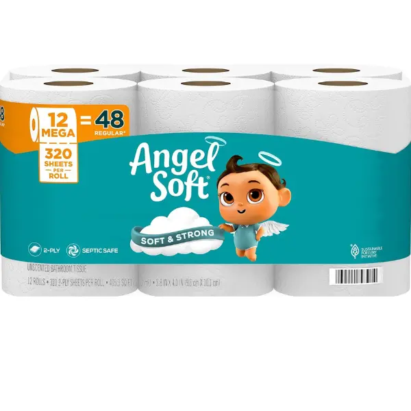 Angel Soft 2-Ply Scented Toilet Paper & Wipes, 12 Mega Units (Equals 48 Regular Units), 320 Sheets Each, Soft & Strong Home Care Tissue with Fresh Linen Scented Core