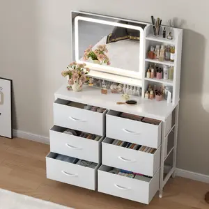 Dresser with Mirror for Bedroom, 33" W Chest of Drawers with LED Mirror, White Dresser with 6 Fabric Drawers, Modern Makeup Table Vanity Desk with 3 Storage Shelves, 3 Lighting Modes