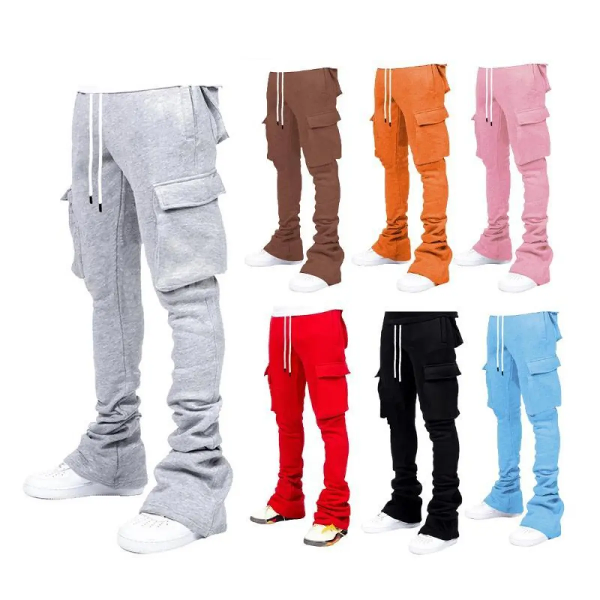 Plus Size Cargo Stacked Pants for Men's Fleece Flare Sweat Street Wear Pile up Hiphop Design Classic Everyday Essential Versatile Style Comfort, Piece Relaxed Fit Breathable Fabric Timeless Casual Fashion