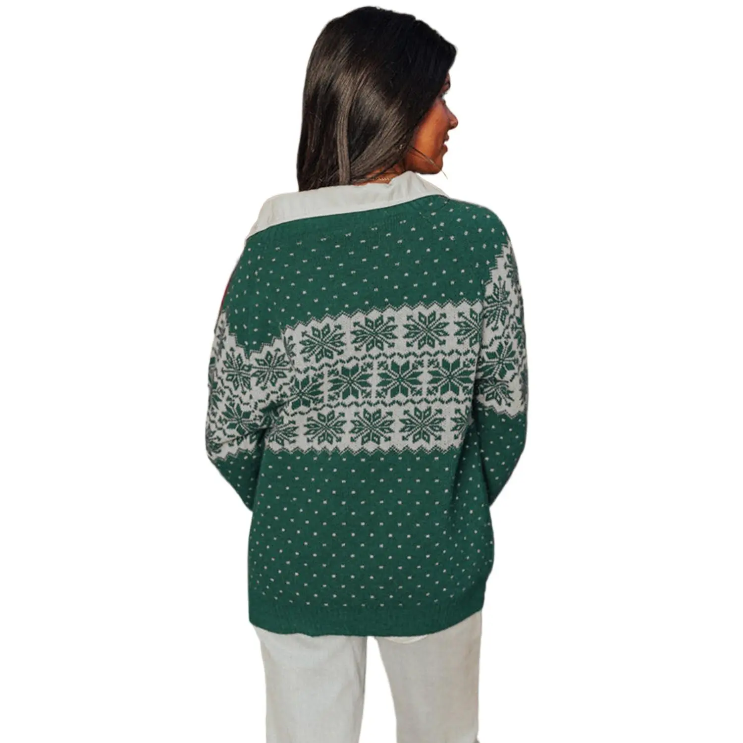 Women's Plus Size Green Christmas Snowflake Pattern Drop Shoulder Sweater