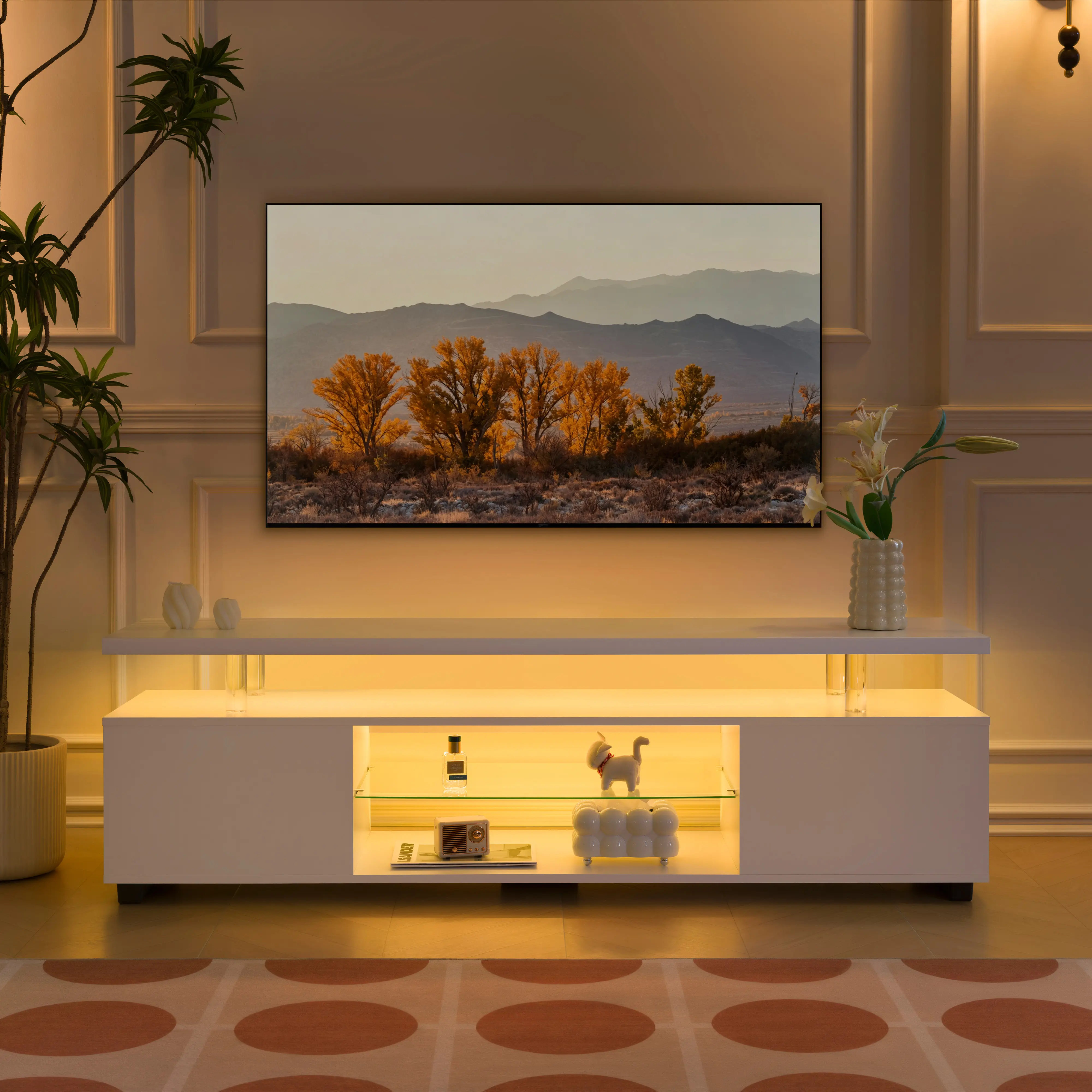 i-aplus White LED TV Stand - Entertainment & Gaming Center with Storage, Console for 60-inch Screens in Living Room & Bedroom