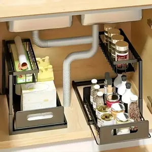 2pcs Multi-Functional Pull-Out Storage Rack Set, carbon steel sliding drawer organizers for cleaning supplies bottles and household items, durable cabinet storage solution for kitchen bathroom and under sink organization