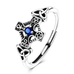 MULA 925 Sterling Silver Celtic Cross Ring – Vintage Irish Knot Religious Band with Blue Cubic Zirconia, Adjustable Open Protection Amulet Jewelry Gifts for Women & Men