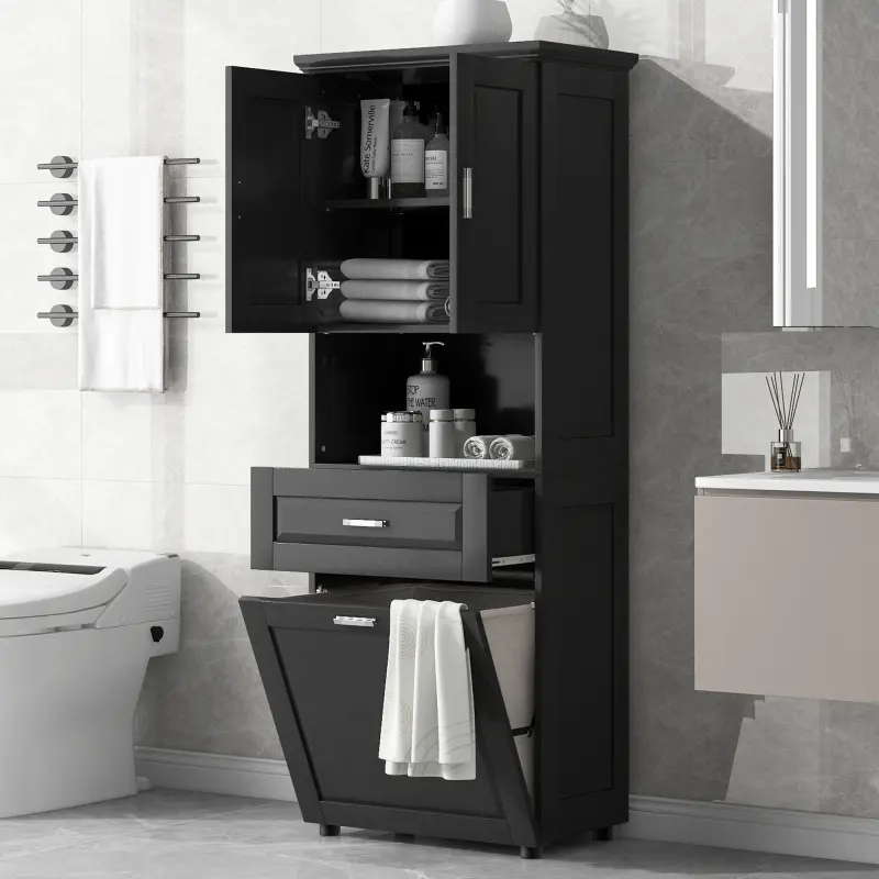 Tall Bathroom Cabinet with Laundry Basket, Large Storage Space Tilt-Out Laundry Hamper and Upper Storage Cabinet
