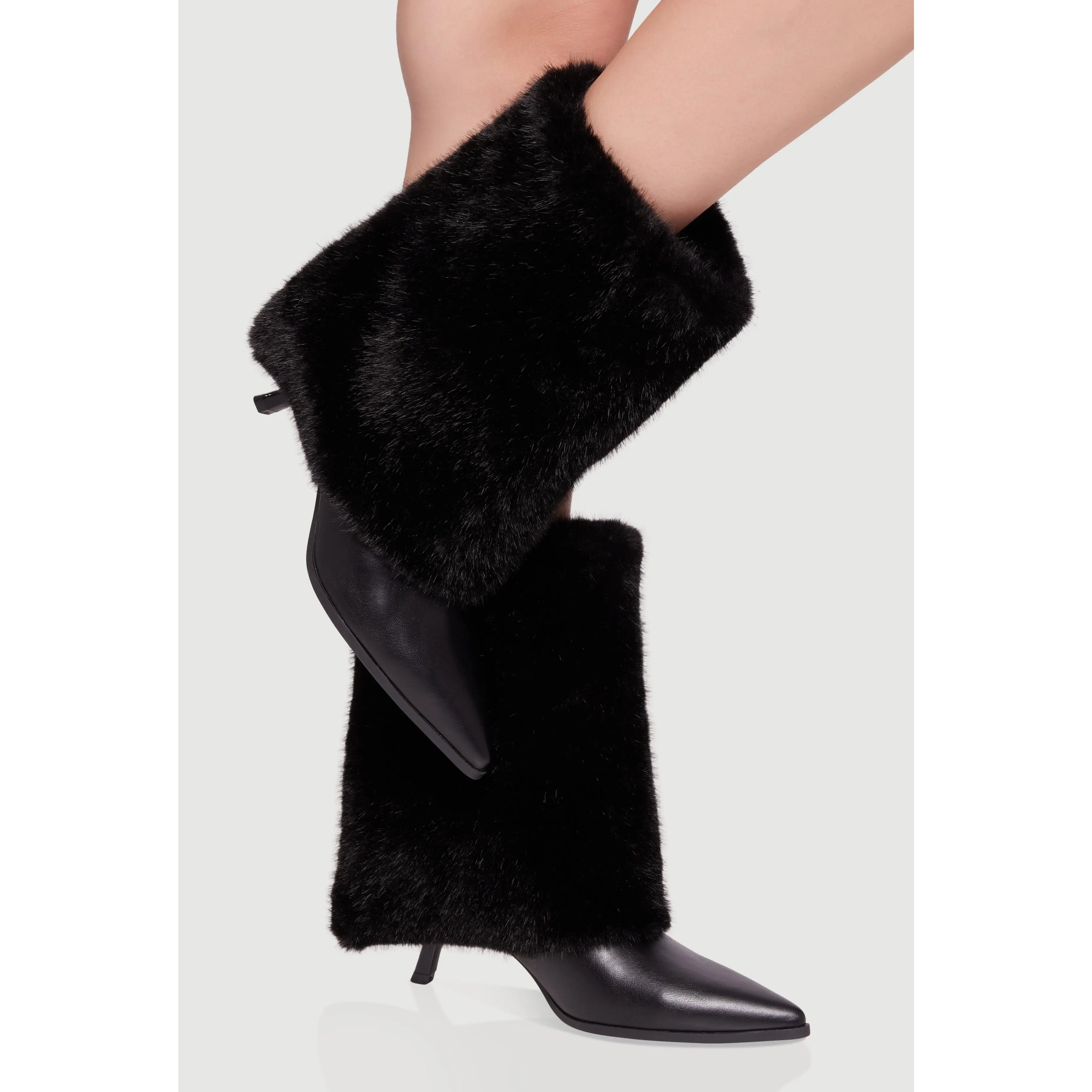 Trendy Faux Fur Slanted Kitten Heel Pointed Toe Booties