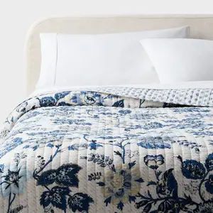 Full/Queen Large Scale Printed Floral Gauze Reversible Quilt Blue - Threshold