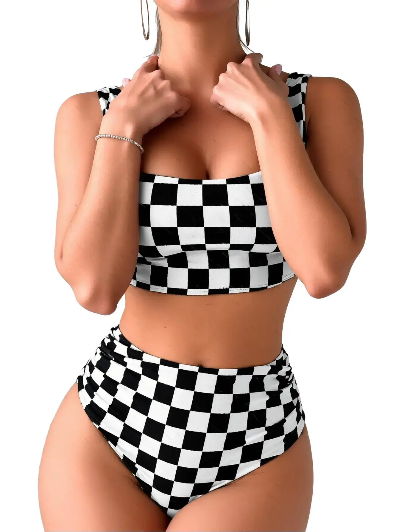 Black & White Checkerboard Square Neck High Waisted Bikini Set, Retro Slim Fit Tummy Control Two-Piece Swimwear for Women Beach Vacation & Pool Party Slim Fitting Swimsuit