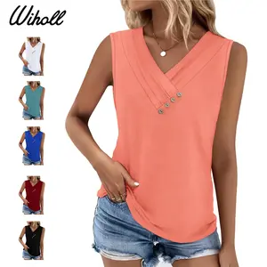 WIHOLL Women Summer Button Down V Neck T Shirts Sleeveless Loose Fit Fashion Tops