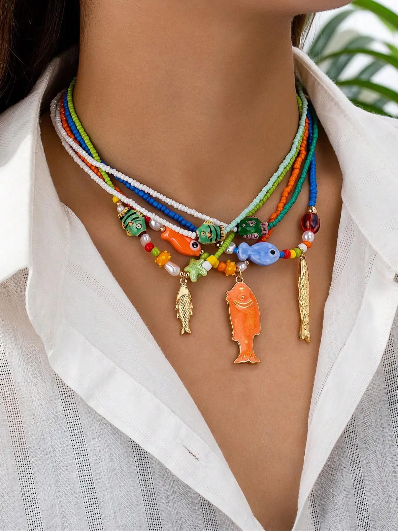Women's Elegant Colorful Beaded Necklace Set, Trendy Marine Life Charm Layered Statement Necklaces, Adjustable Tarnish-Proof Jewelry Gift for Girlfriends, Decorative Necklace, Adjustable Beaded Design