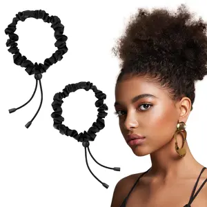 2 Pcs Adjustable Black Hair Ties, Elastic Satin Headband Satin Hair Scrunchies for Women Girls Thick Curly Hair