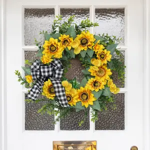 GAOMON 18in Farmhouse Golden Blossom Wreath, Artificial Yellow Daisy Grapevine Wreath, Spring Summer Front Door Decor, Indoor Outdoor Ornament for Wedding & Mother's Day