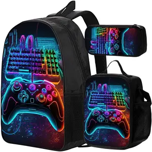 For Teens and Adults - Gaming Keyboard and Controller Patterned - 3pcs Backpack Set - Including a Stylish Book Bag, Lunch Bag, and Pen Pouch - With Adjustable Straps and Zipper Closure - Lightweight Design - Vibrant Neon Colors