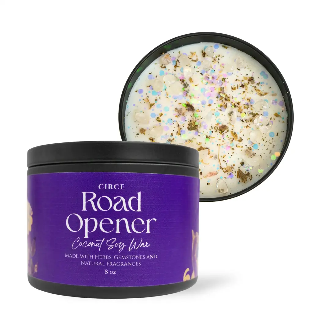 Circe Boutique Road Opener Ritual Candle 8 oz | Crystal Infused Spell Candle with Lemongrass & Coconut | Remove Obstacles, New Beginnings | Non-Toxic Coconut Soy Wax, 50hr Burn | Circe Boutique