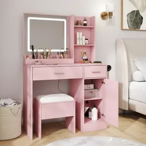 [Bellemave]Lavin Makeup Vanity Set, Vanity Desk with Stool, LED Light Mirror and Charging Station, Pink On-Site
