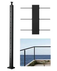 Cable Railing Post For Decks And Stairs, Corner 42x1x2 Inch Post With L-Shaped Pre-Drilled Holes, Stainless Steel Cable Rail Post With Horizontal And Curved Bracket, 1-Pack, Black Finish, Model 1JZLGZXHS10607YXO001V0