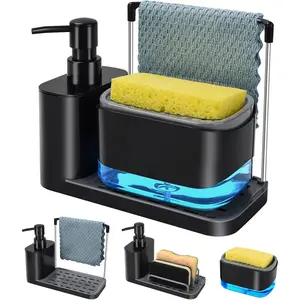 Hand and Dish Soap Dispenser Set with Tray, Dual Soap Dispenser with Sponge Holder and Dishcloth Holder 5-in-1 Organizer for Kitchen Sink Countertop Storage Organize - Useful Kitchen Gadgets (Black)