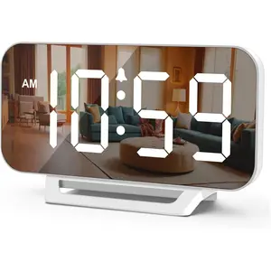 Slim Digital Mirror Aesthetic  Clock for Bedrooms Desk Decor, Plug in Electric Big LED Modern Small Clock for Office Living Room,  Backup, 6 Dimmers (White)