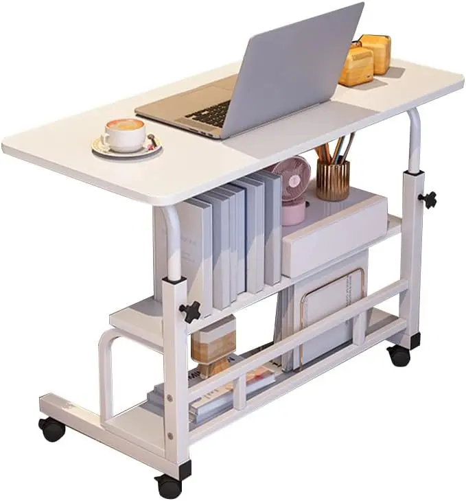 Adjustable Height Mobile Ergonomic Laptop Desk with Wheels - Portable Rolling Computer Table with Storage Shelves - Bedroom & Home Office Use, Desk Setup Solution - Walnut Color, Desk For Bedroom