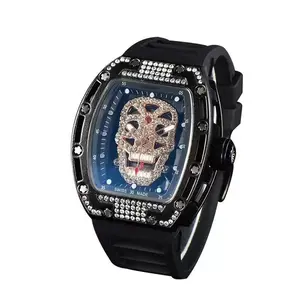 Diamond-studded skull-shaped fashion men's watch in wine barrel style