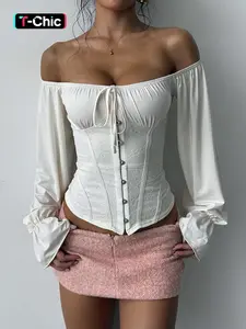 Lace Patchwork Lantern Sleeve off Shoulder Top, Elegant Fitted Women's Blouse, Aesthetic Stylish Casual Wear, Perfect for Spring and Fall, Long Sleeve