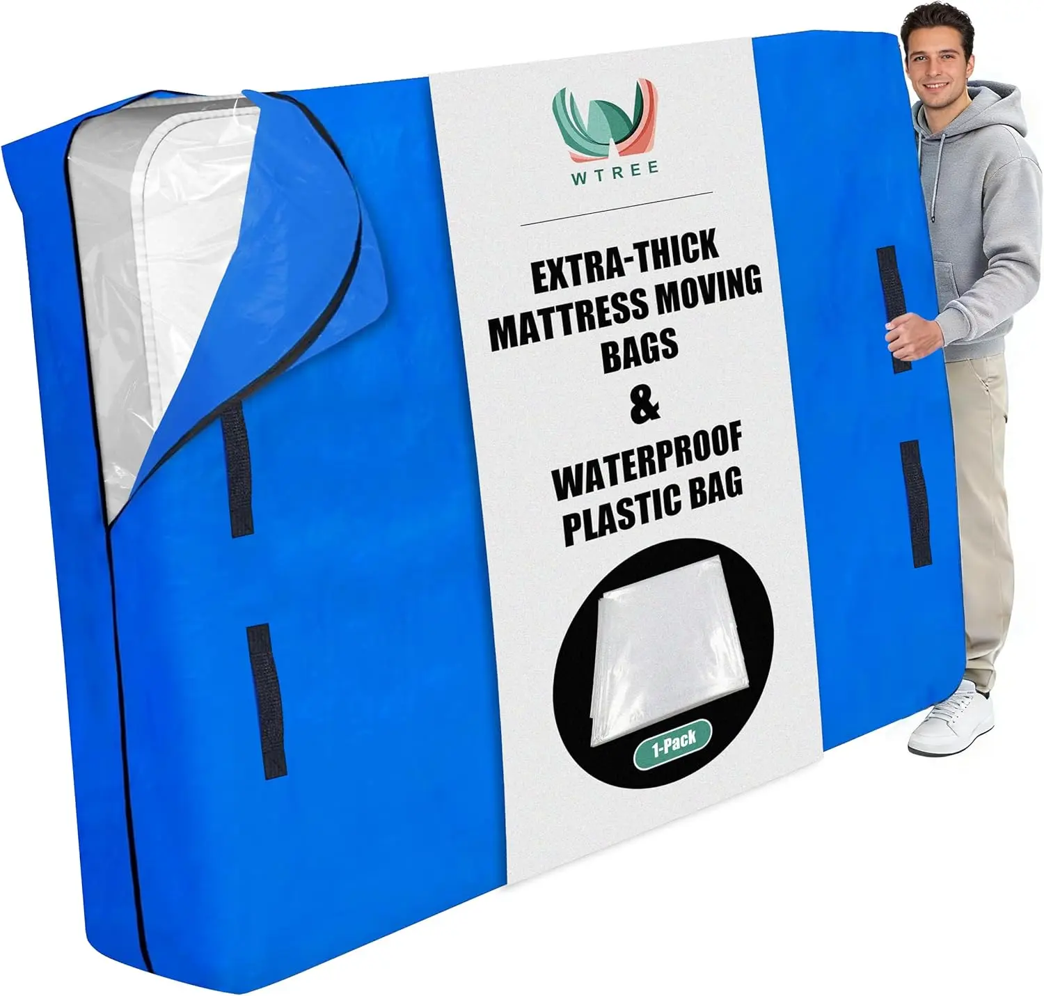 WTREE Queen Mattress Bag for Moving & Storage – Heavy Duty Mattress Cover with 8 Reinforced Handles, Clear Inner Protector