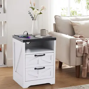 Garvee White Farmhouse Nightstand | Industrial Bedside Table with USB Charging Station & 2 Drawers, Sturdy Engineered Wood Bedroom End Table