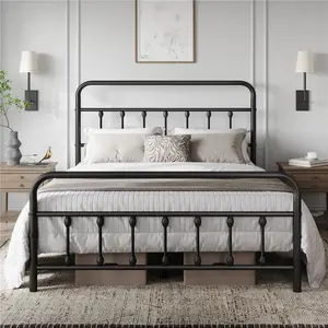 【Heavy Duty】Yaheetech Metal Bed Frame with High Headboard and Footboard, Twin/Full/Queen/King Sizes, Vintage Industrial Style, Under Bed Storage