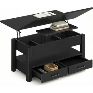 Garvee 39.4" Lift Top Coffee Table with Split Lift Design, 2 Storage Drawers & Hidden Compartment, Farmhouse Center Table, Convertible Wooden Table for Living Room, Home Office, Dining Desk, Black