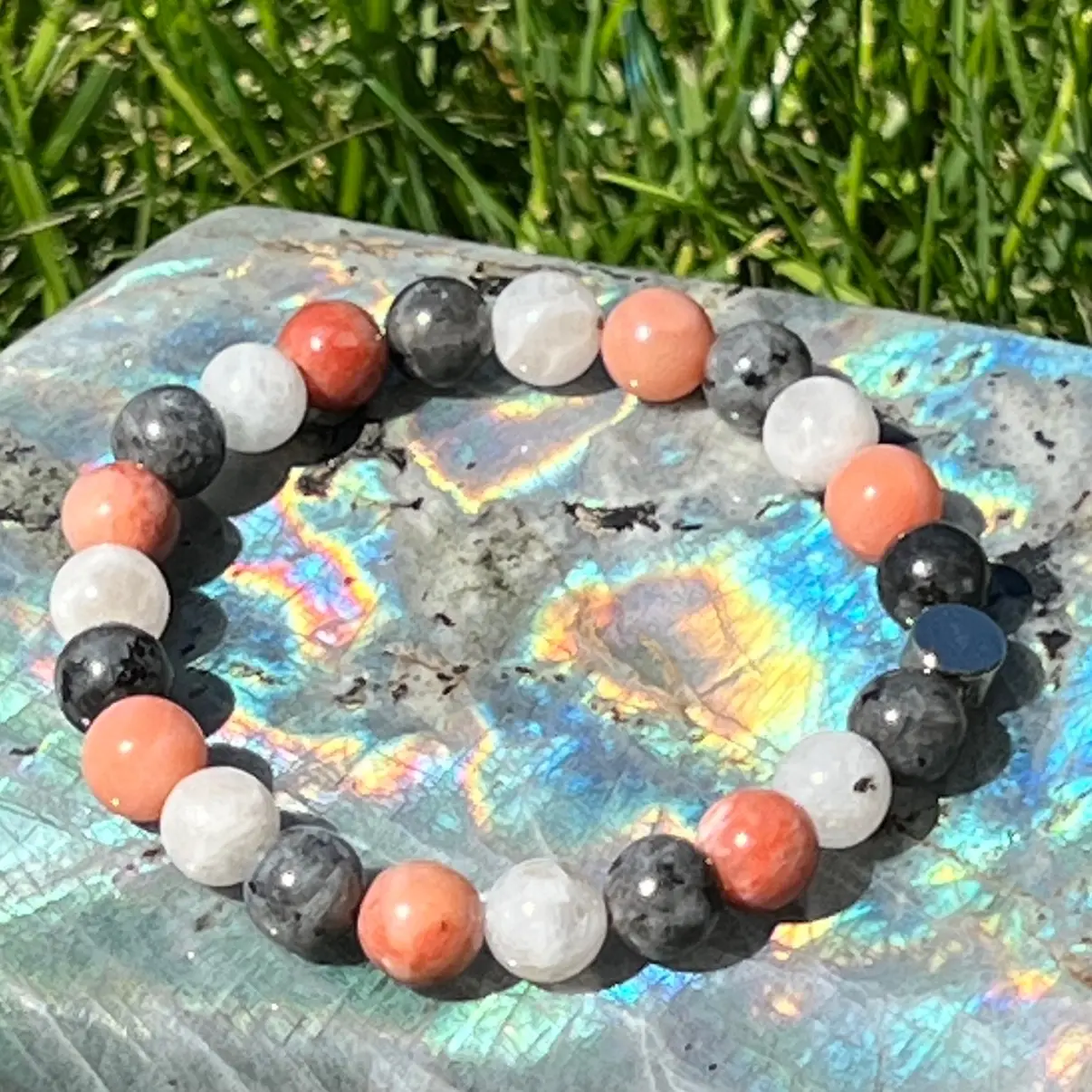 Rainbow Moonstone, Pink Aventurine and Larvikite