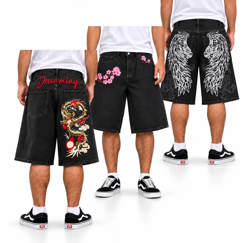 UP THE Men’s Vintage Black Baggy Denim Jorts - Dragon Men’s Jeans, Y2K Streetwear Knee-Length Shorts with Intricate Golden Dragon Embroidery, Red "Dreaming" Letter Stitch, Loose Oversized Fit for Retro Skater Summer Casual Wear