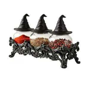 3 Pack Gothic Witch Hat Spice Jars, Handmade Vintage Glass Spice Bottle Set with Base and Decorative Lids, Perfect for Pepper, Salt, Herb Powder, Sugar and Kitchen Seasoning Storage, Halloween Kitchen Decor and Mysterious Home Gift, Kitchenware