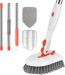 3-In-1 Floor Scrub Brush with 52-in Stainless Steel Rotatable Adjustable Handle, 3 Detachable Replacement Heads for Bathroom, Kitchen Cleaning