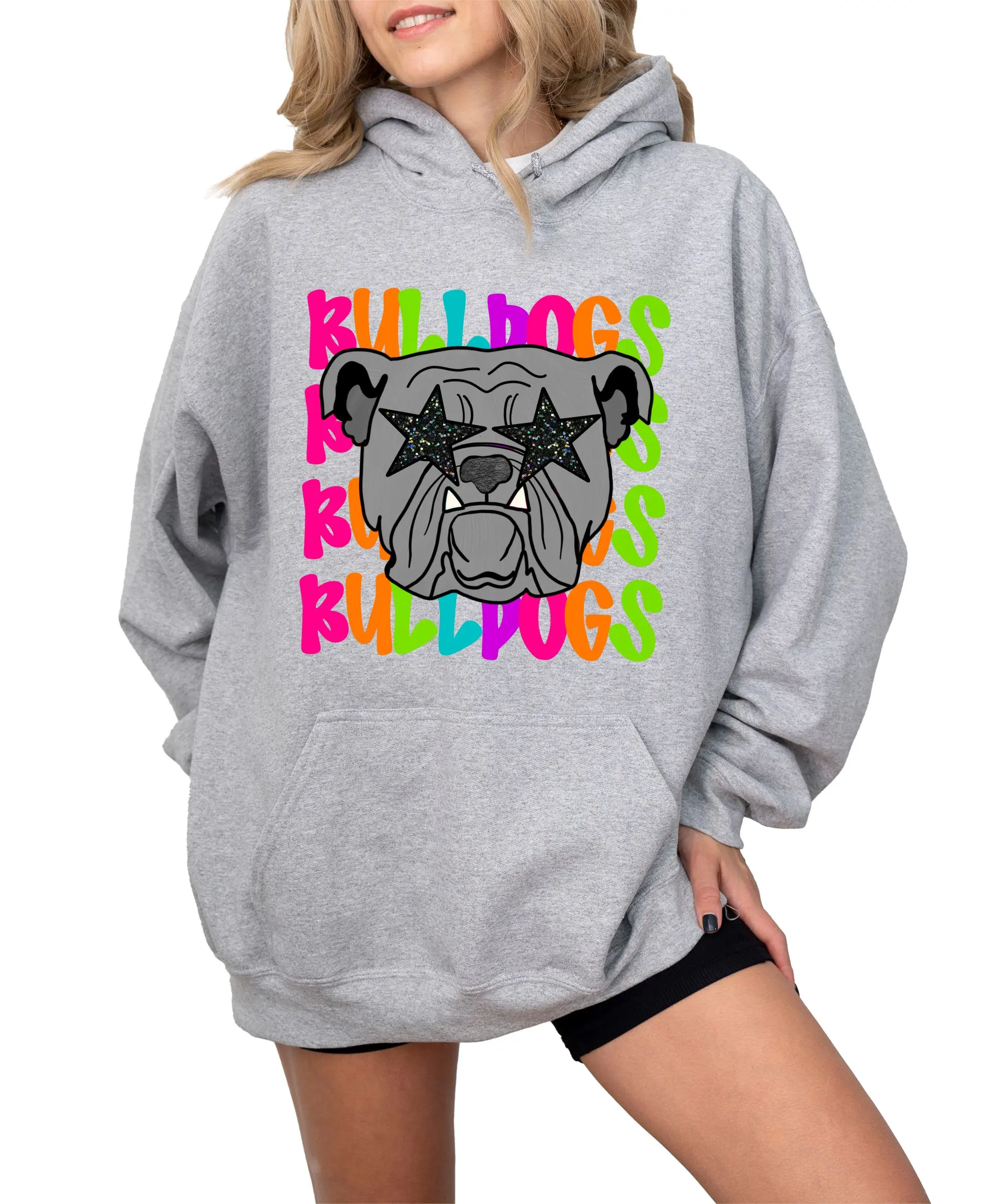 Bulldogs Mascot Hoodie for Women Neon Rainbow School Spirit Game Day Sweatshirt
