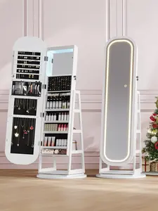 【Full-Length LED Mirror】ONBRILL Gorgeous Lockable 360° Swivel Jewelry Cabinet with Light,Jewelry Organizer Armoire Standing with Interior Mirror&Storage Shelve for Cloakroom LivingRoom Bedroom Furniture