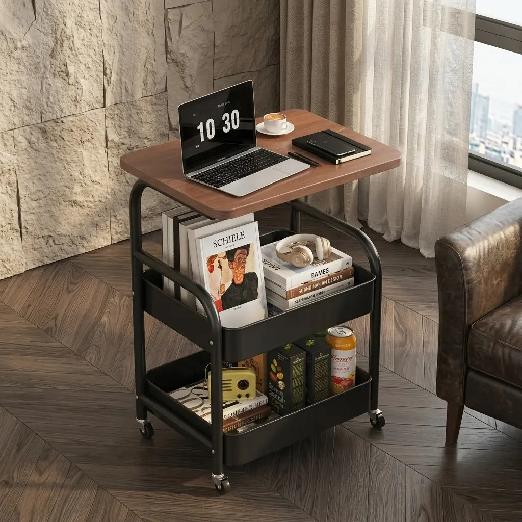 【TikTokShopSummerSale】Rolling C Table with Storage Basket, Mobile Side Table with Wood Top & Lockable Wheels, 2-Tier End Table for Sofa, Bed, Living Room & Small Spaces
