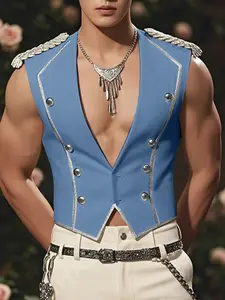 INCERUN Men's Shoulder Patchwork Gilet Vest with Flashy Ribbon and Button Closure, Perfect for Summer Parties, Casual Fashion Outer Vest