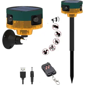 Solar Powered Outdoor Motion Sensor Alarm - 360° Motion Detection, 130db Loud Sound, 13 Kinds of Sounds, Dog Barking&Gunshot Options, Recording Support, Strobe Light, USB Charging, All Seasons Intruder Deterrent
