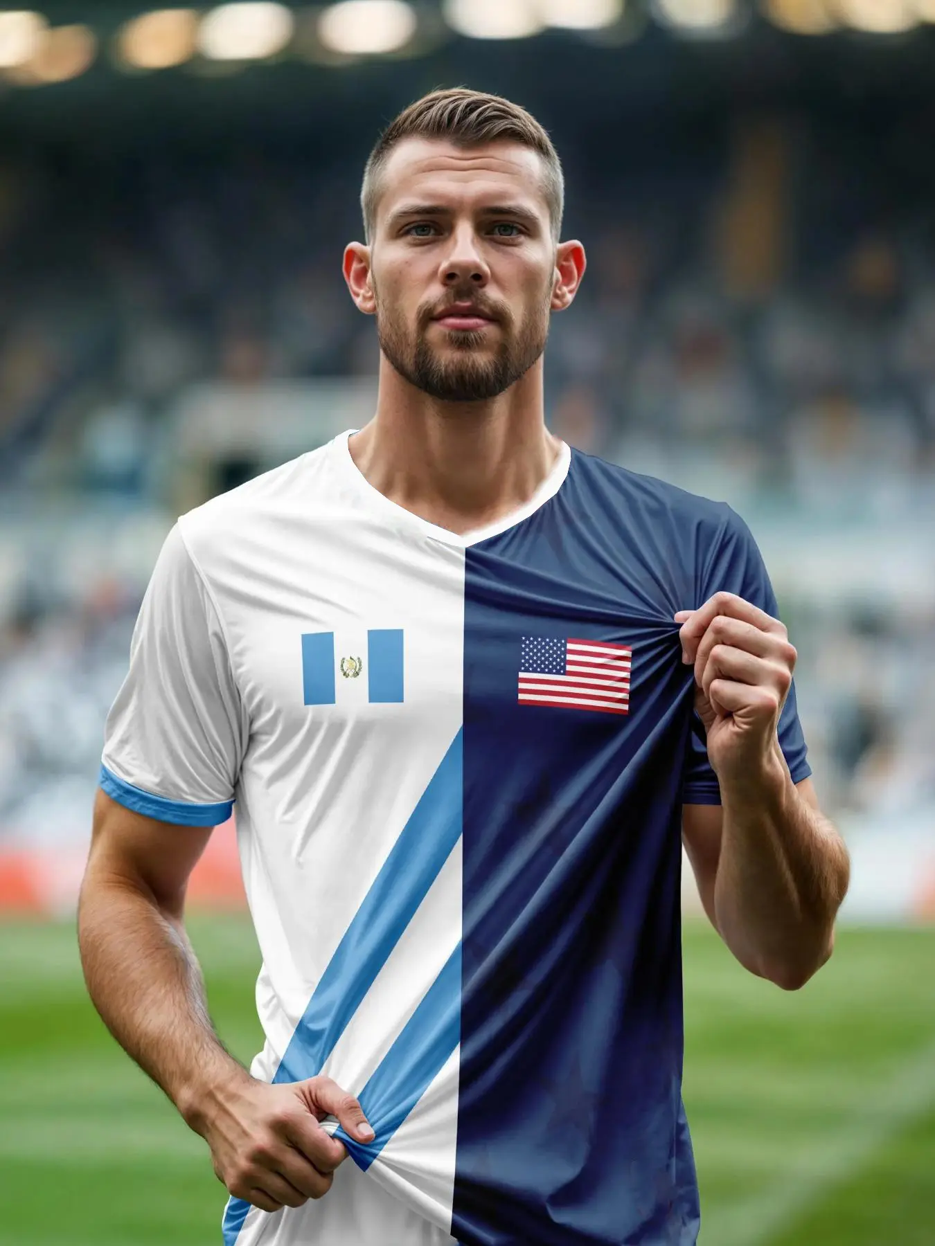 Guatemala/american Mixed Football Jersey, Dual Citizenship Soccer Shirt, Unisex Fan Clothing, Modest Fitted Short Sleeve, Letter Pattern, Sports Top, Stylish Jersey, Sportswear Clothing